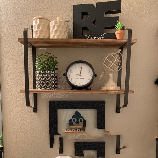 Solid Wood Wall Shelf with Wrought Iron Bracket