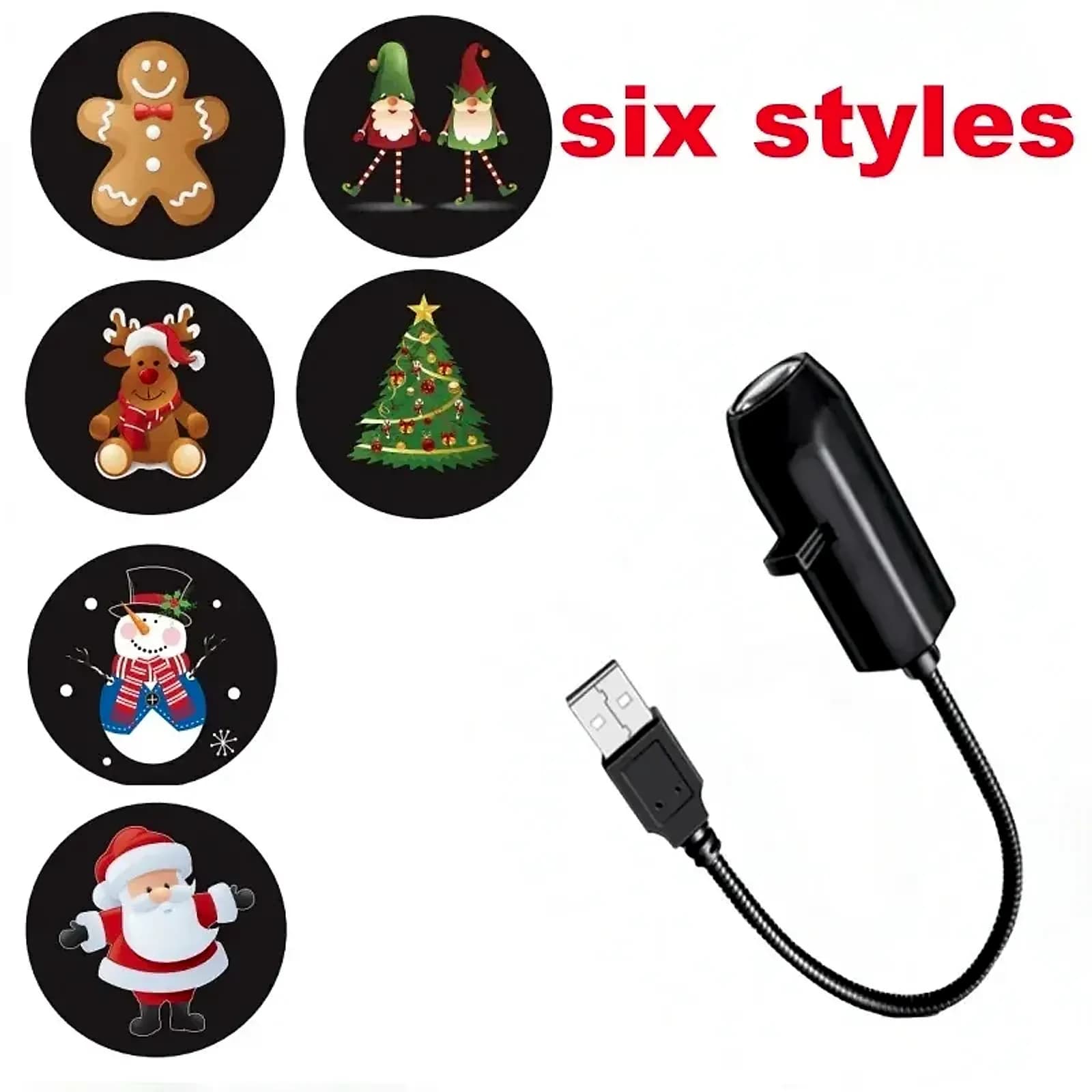 USB Christmas projector night light with six slides: gingerbread man, gnomes, reindeer, Christmas tree, snowman and Santa