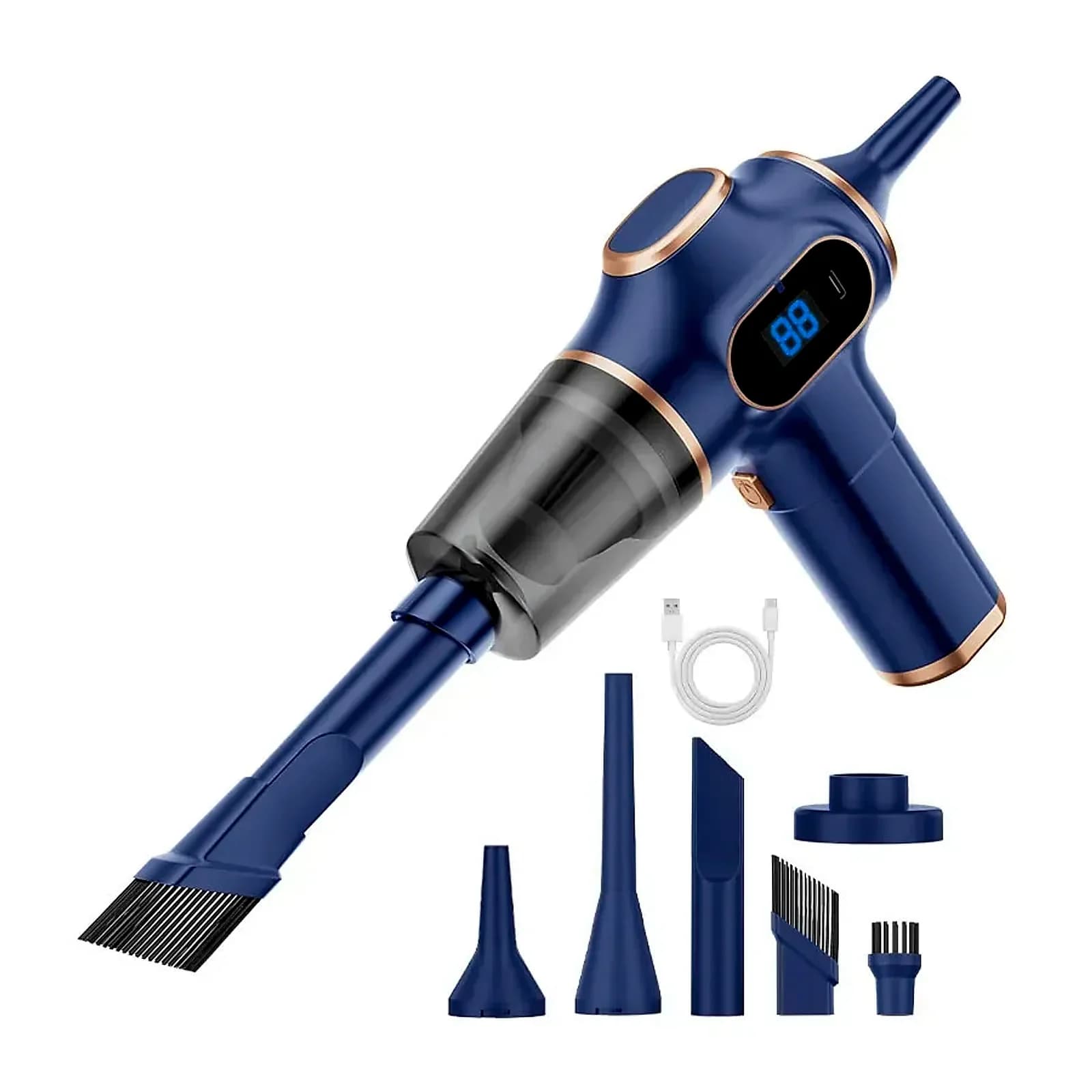 Blue cordless handheld vacuum with LED display, USB charging cable and snap-on nozzles