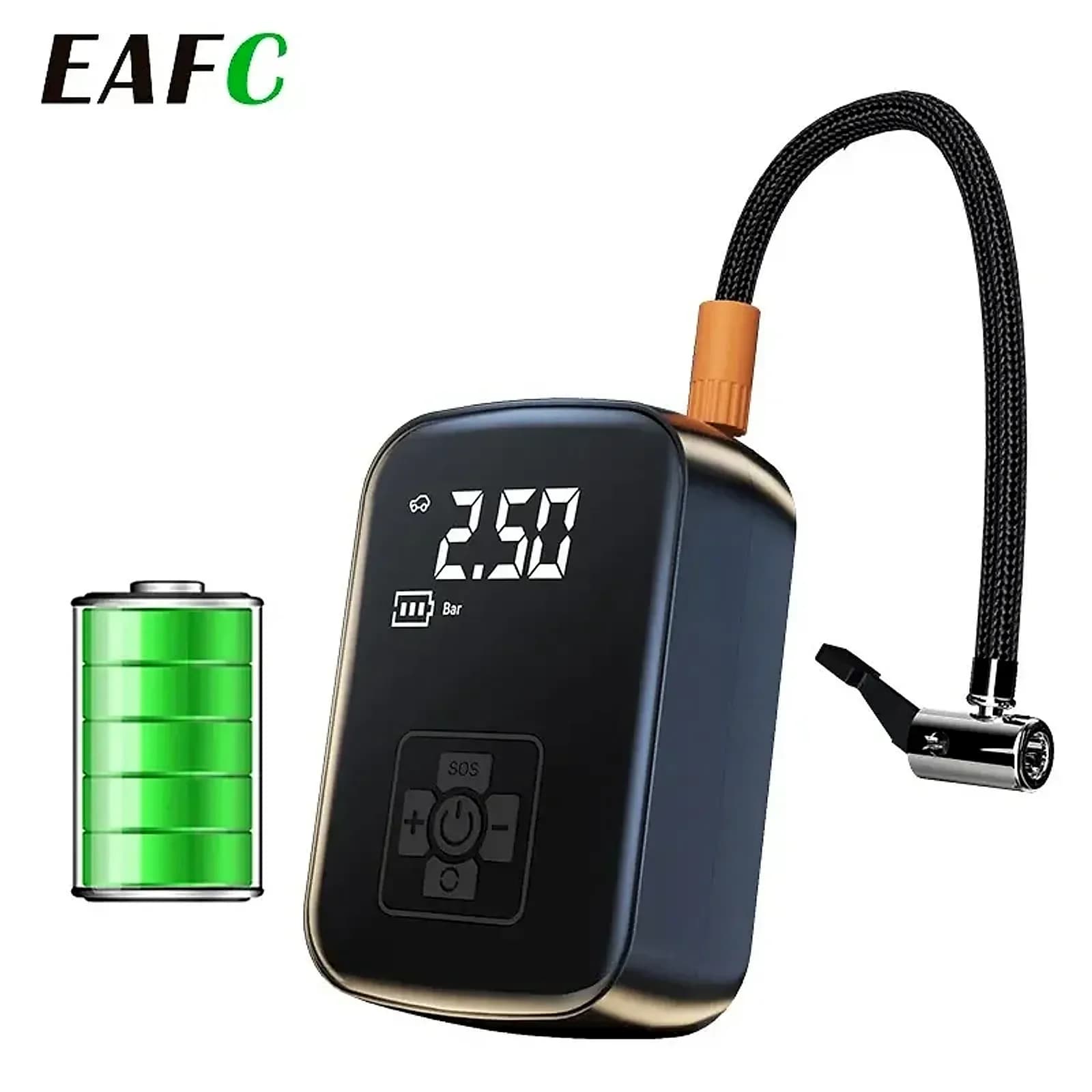 Cordless tyre inflator with a digital pressure display and air hose