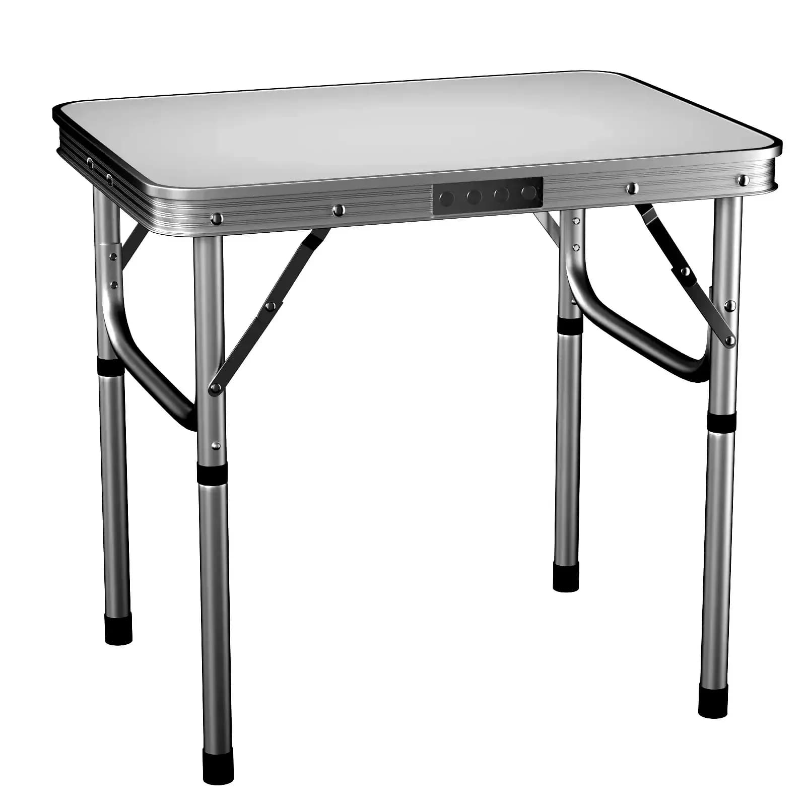White folding camping table with a metal frame at full height