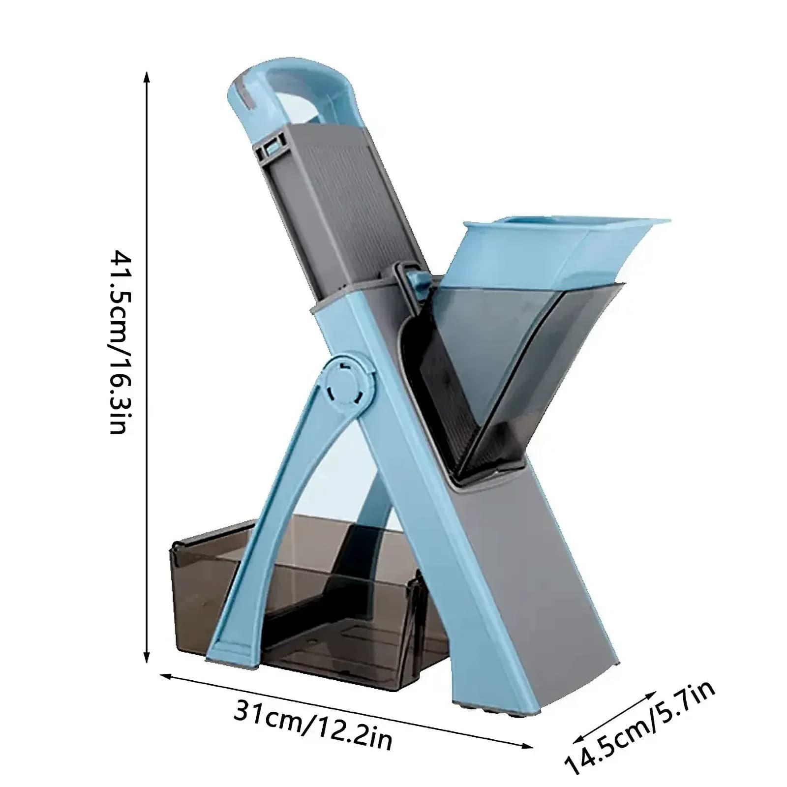 Upright mandoline vegetable slicer with dimensions 41.5 × 31 × 14.5cm