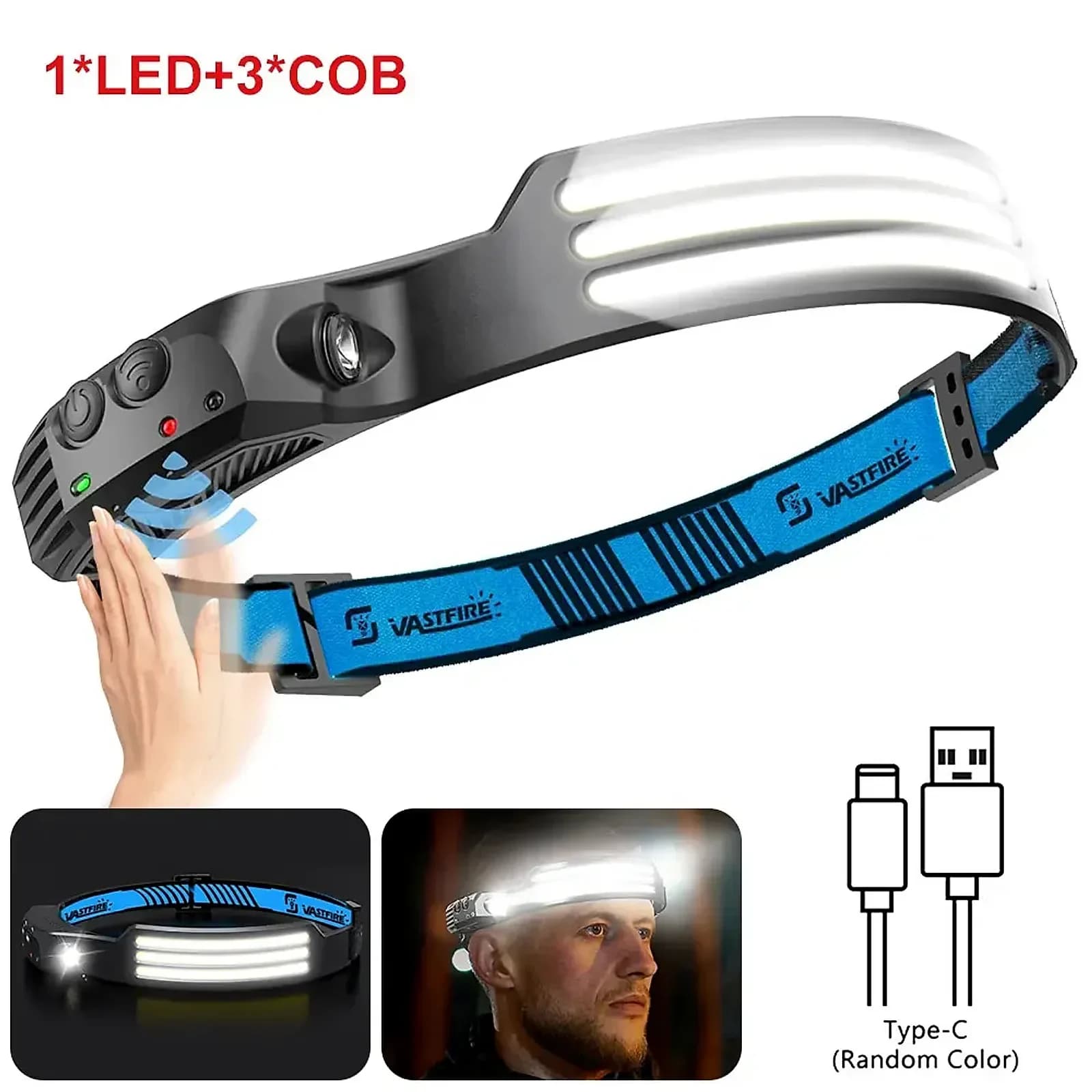 LED head torch with three COB light strips switching on with a hand wave
