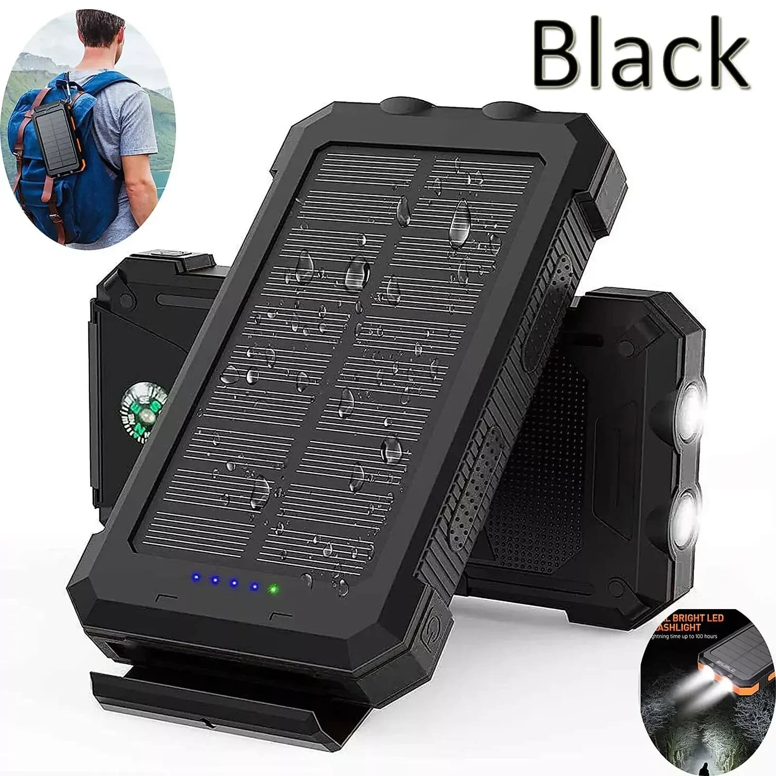 Rugged black solar power bank with a built-in compass and twin LED torch