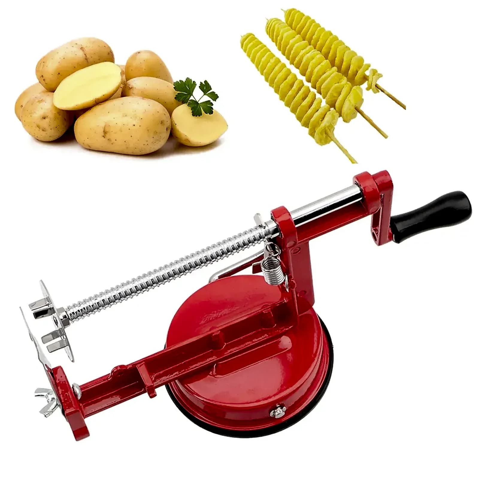 Red hand-crank spiral potato cutter with whole potatoes and a spiral-cut potato on a skewer