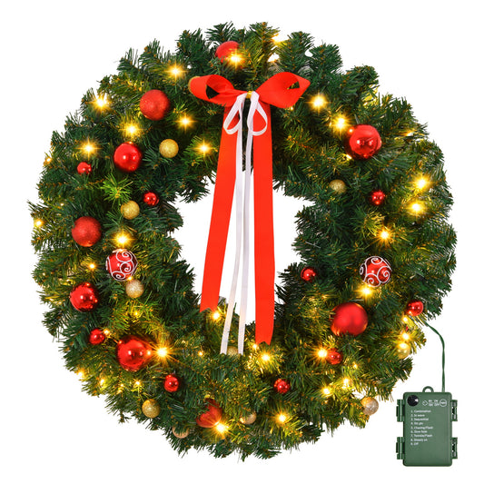 24" LED Christmas Wreath - Battery-Powered with Timer & Ornaments