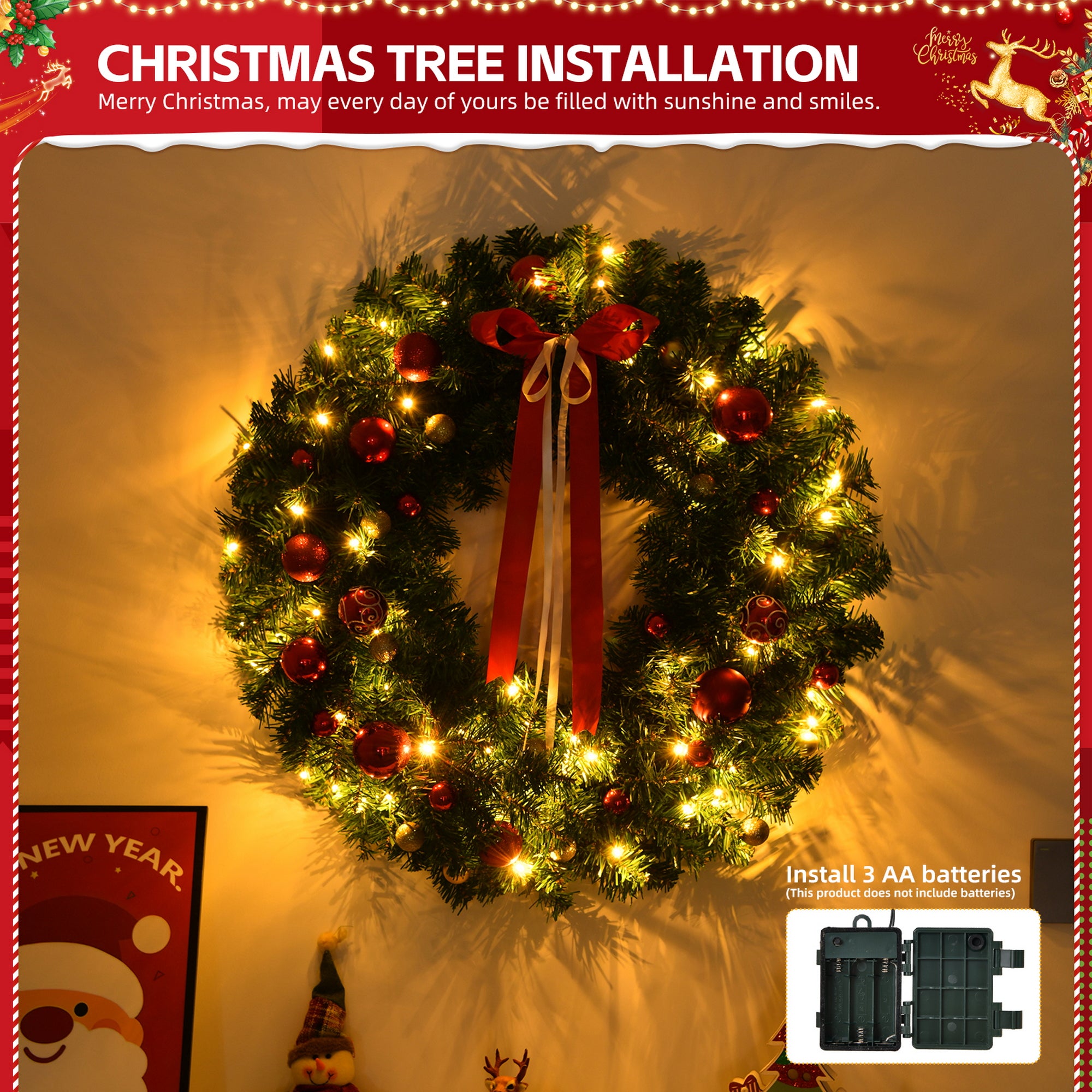 24" LED Christmas Wreath - Battery-Powered with Timer & Ornaments