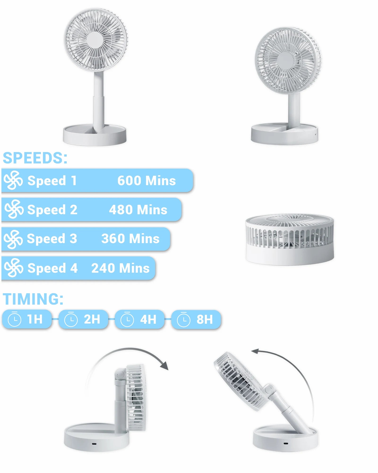 USB Foldable Fan with 4 Speeds & Timer